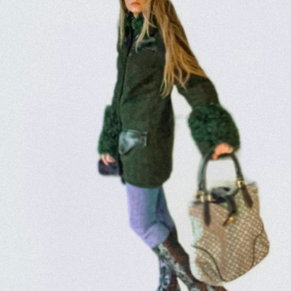 Jackets & Blazers - Longchamp shearling sheep skin winter coat in green with black leather pockets